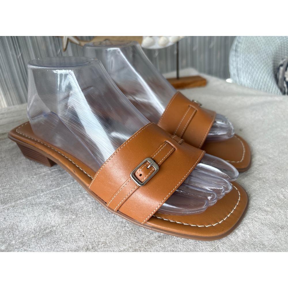 Montego Bay Club Leather Slide Sandals Brown Buckle Square Toe Low Heel Women 10